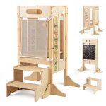 Costway tour d?apprentissage en bois pour enfant avec marchepied 2 �tapes tableau noir et filet de s�curit� ...