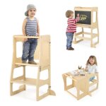 Costway tour dapprentissage montessori en bois evolutive 3 en 1 - tableau � craie - tabouret bureau - ...