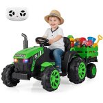 Costway tracteur electrique enfant 24v / 9ah - remorque amovible et t�l�commande 2. 4g led musique port ...