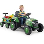 Costway tracteur electrique enfant - remorque d�tachable t�l�commande 2. 4g led klaxon musique d�marrage ...