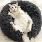 Couchage panier chien chat gris en peluche chien chat rond hiver sac doux animal de compagnie lit apaisant ...