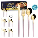 Couverts de table - m�nage - 410 couverts en acier inoxydable - 6 personnes - 24 pi�ces - rose