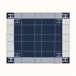 Couverture - laine - bleu marine ray� - 140 x 186 cm - naturelle - rectangulaire