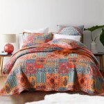 Couvre - lit 240x260 cm patchwork boh�me coton + 2 taies courtepointe mixte orange grande taille label ...