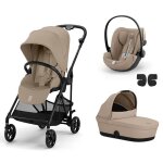 Cybex - poussette trio melio carbon + si�ge auto cloud g plus + nacelle melio cot almond beige