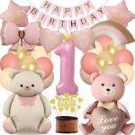 D�coration 1er anniversaire fille avec ours & ballons kit f�te 1 an rose or banni�re happy birthday d�cor ...