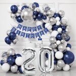 D�coration 20 ans homme ballon anniversaire bleu argent joyeux banni�re 20 ans confettis argent pour ...