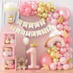 Decoration anniversaire 1 an fille rose avec bo�te � ballons banderole joyeux anniversaire ballons en ...