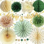 D�corations anniversaire 17 pi�ces vert et beige - banni�re joyeux anniversaire avec pompons papier