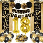 Decoration anniversaire 18 ans gar�on fille anniversaire d�corations ballons noir or banni�re joyeux ...