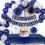 Decoration anniversaire ballon homme femme arche ballon anniversaire bleu marine argent rideau frange ...