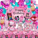 D�coration danniversaire spa - zokko - th�me maquillage - assiettes et tasses en papier - nappe rose