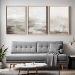 D�coration murale triptyque tableaux abstraits beige gris moderne avec cadre - 41x61cm - cadre flottant ...