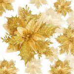 Fleur de no�l artificielle - d�coration no�l - poinsettia scintillant - 20 pi�ces - couleur or - poly�thyl�ne ...