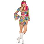 Dguisement hippie femme - boland - flower - robe ceinture et bandeau - bleu rose et vert