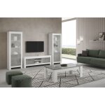 Denae - ensemble salon complet blanc et gris marbr meuble tv + table basse + vitrines leds