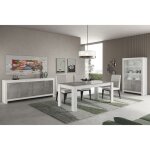 Denae - ensemble sjour complet blanc et gris marbr table 160cm + buffet + vitrine leds