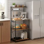 Desserte de cuisine �tag�re r�glable avec multiprise et crochets pour micro - ondes 4 niveaux marron ...