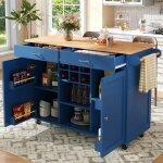 Desserte de cuisine - langtu - �lot de cuisine moderne - 102x45x92 cm - bleu aspect bois - casier � vin ...