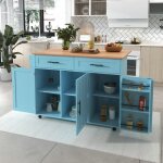 Desserte de cuisine - langtu - style europ�en - plateau bois massif vein� - placard bleu - roulettes ...