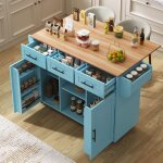 Desserte de cuisine linhoo 139x46(71)x91. 5 cm bleu plateau bois massif pliant � roulettes