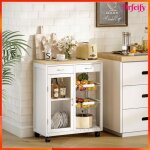 Desserte de cuisine � roulettes - akozon - 12853 - plateau bambou verni - porte vitr�e - paniers inox ...