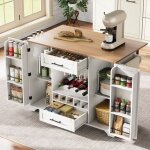 Desserte de cuisine sur roulettes 138 x 45 / 70 x 92 cm �lot mobile avec plateau rabattable mdf blanc ...