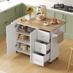 Desserte de cuisine avec table rabattable 3 tiroirs et plan de travail effet ch�ne ? blanc - 137 � 43 ...