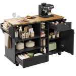 Desserte �lot de cuisine 129 x 46 x 96 cm plateau mdf effet bois clair 2 tiroirs & portes roulettes noir ...