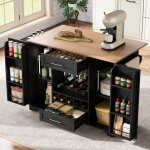 Desserte �lot de cuisine 138 x 45(70) x 92 cm sur roulettes plan extensible mdf noir / naturel