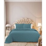 Dessus de lit sixtine bleu - 240x260cm - boutis uni 2 places - couvre lit matelass - autrefois