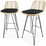 Lot de 2 tabourets de bar 67cm. mtal et rotin. assise noire - cahya