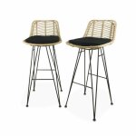 Lot de 2 tabourets de bar 75cm. mtal et rotin. assise noir - cahya