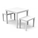 Dmora - set salon d?ext�rieur moncalieri ensemble de jardin avec 1 table carr�e et 2 bancs blanc
