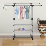 Double portant  vtements - mobile pliable et rglable - 3 tagre en mtal