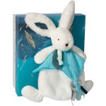 Doudou et compagnie - doudou lapin - 25 cm - blanc / bleu paon - lapin pompon paon - ide cadeau - happy ...