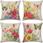 Dre - lot de 4 housses de coussin en lin 45x45 cm fleurs oiseaux papillons d�coration canap� jardin salon ...