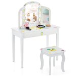 Dreamade 2 en 1 coiffeuse enfant en mdf avec tabouret miroirs rabattables et amovibles grand tiroir motif ...