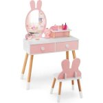 Dreamade coiffeuse enfant 2 en 1 avec miroir amovible et tabouret tiroirs doubles et etag�re suppl�mentaire ...