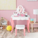Dreamade coiffeuse enfant 2 en 1 avec tabouret et miroir rotatif table de maquillage en bois avec 3 tiroirs ...