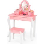 Dreamade coiffeuse enfant 2 en 1 avec tabouret et miroir rotatif table de maquillage en bois avec 3 tiroirs ...
