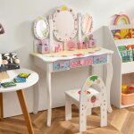 Dreamade coiffeuse enfant avec tabouret table de maquillage avec miroir pliable � 3 volets 3 tiroirs ...