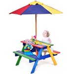 Table de pique - nique enfant - dreamade - parasol amovible - table et bancs de pique - nique - en bois ...