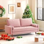 Dripex canap 3 places style contemporain en tissu rose avec 2 coussins pieds bois massif fauteuil moderne ...