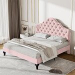 Dripex lit rembourr� rose en velours 140�200cm avec sommier � lattes et t�te de litlit double moderne ...
