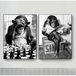 Drle singe jouer aux checs lire journal toile peintures noir blanc mur art affiches imprime photo salon ...