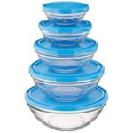 Lot de 5 bo�tes de service rondes en verre tremp� duralex avec couvercle bleu