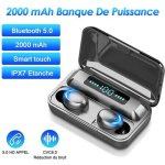couteurs bluetooth 5. 0 sans fil tws led hd ipx7 etanche 2000 mah banque de puissance - noir