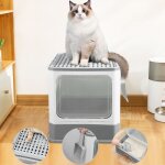 Bac � liti�re ferm� pour chat - elancooh - plateau amovible - gris