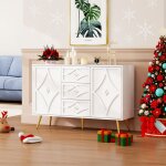 �l�gante buffet salon 3 tiroirs motif losange - buffet bas blanc avec 2 portes - pieds d?armoire dor�s ...